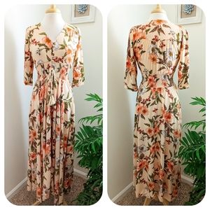 Jaase Indiana Boho Floral Print Button Tie Waist Multicolor Maxi Dress Small